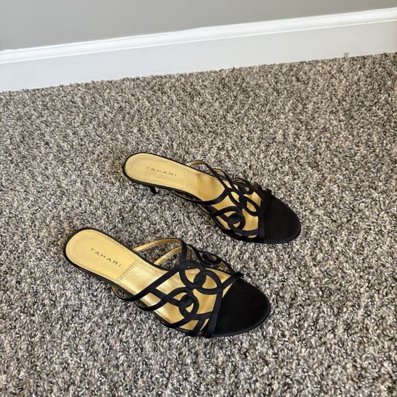 VTG Tahari Kitten Heel Strappy Sandals Womens 9.5 M Black Satin 90s Y2K Slip On - Picture 3 of 9